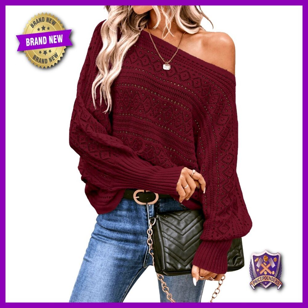 Oversized Off Shoulder Sweater Crochet Dolman Sleeve Pullover Loose Fit